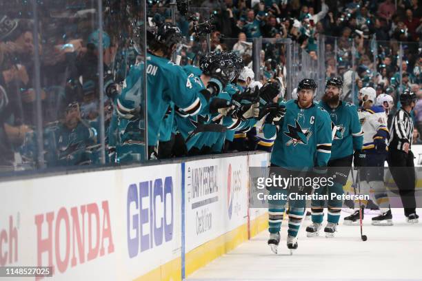 Joe Pavelski of the San Jose Sharks celebrates after scoring a goal on Jordan Binnington of the St. Louis Blues during the first period in Game One...