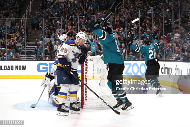 Timo Meier of the San Jose Sharks celebrates after scoring a goal against Jordan Binnington of the St. Louis Blues during the second period in Game...