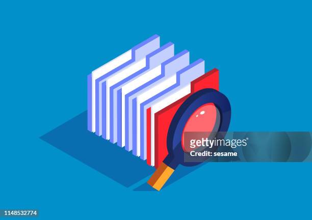 file search, magnifying glass with a bunch of folders - privacy stock illustrations