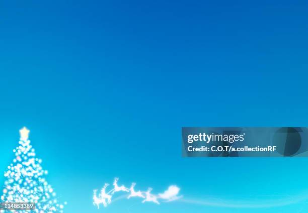 illuminated christmas tree and santa riding a sleigh, digital composite - outdoor string lights stock illustrations