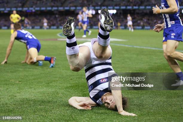 Patrick Dangerfield of the Cats takes a tumble during the round eight AFL match between the North Melbourne Kangaroos and the Geelong Cats at Marvel...