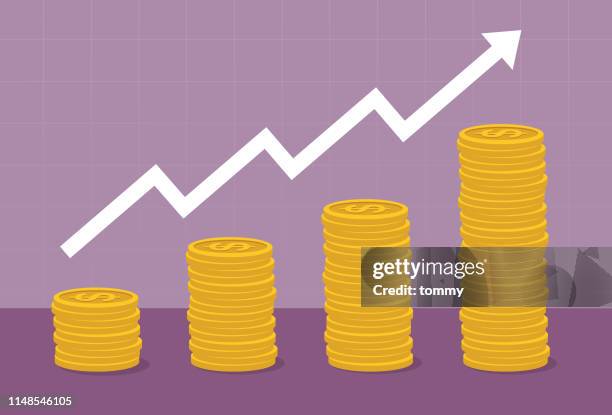 coin stack with white arrow - money graph stock illustrations