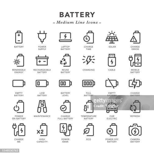 batterie-medium line icons - battery stock-grafiken, -clipart, -cartoons und -symbole