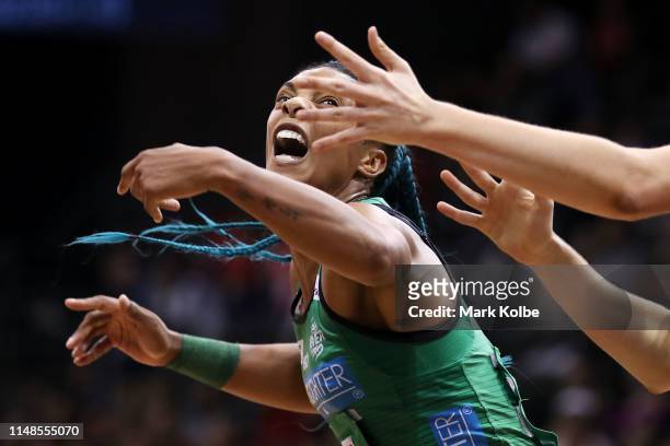Stacey Francis of the Fever stretches for the ball during the round three Super Netball match between the Sydney Swifts and the West Coast Fever at...