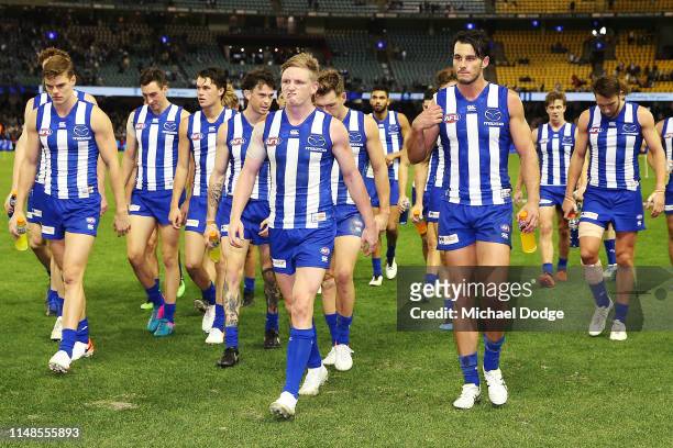 Jack Ziebell of the Kangaroos looks dejected after defeat during the round eight AFL match between the North Melbourne Kangaroos and the Geelong Cats...