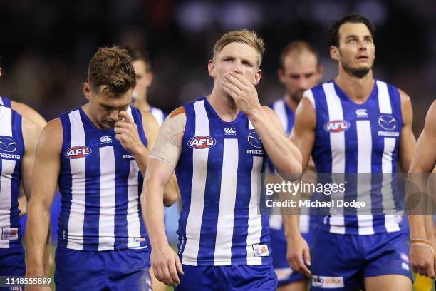 Jack Ziebell of the Kangaroos looks dejected after defeat during the round eight AFL match between the North Melbourne Kangaroos and the Geelong Cats...