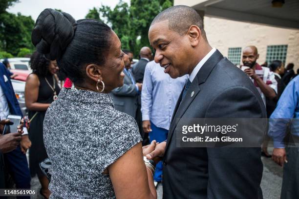 Virginia Lt. Governor Justin Fairfax speaks to family, friends, and mourners following the funeral of Ryan Keith Cox, a victim in the June 1 Virginia...
