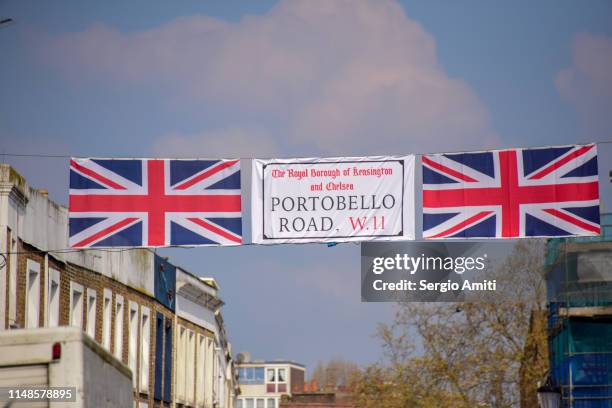 portobello road sign and british flags - portobello stock pictures, royalty-free photos & images