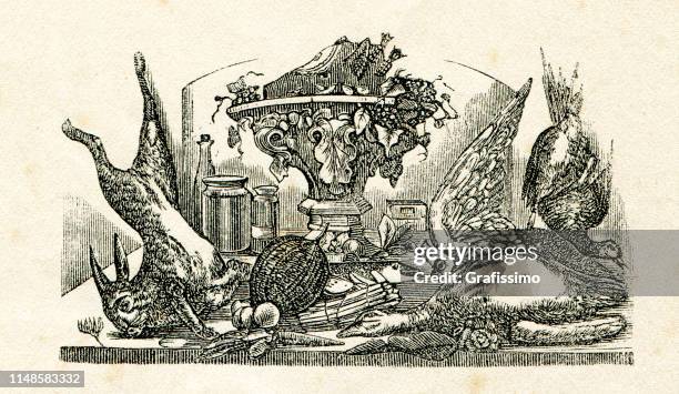 ilustraciones, imágenes clip art, dibujos animados e iconos de stock de tabla de la vida todavía servido con la mermelada de pato conejo comida 19th siglo - marmalade