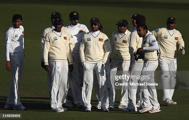 The Sri Lanka players during day two of the 1st npower test match between England and Sri Lanka at the Swalec Stadium on May 27, 2011 in Cardiff,...