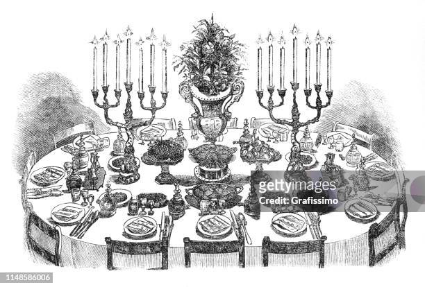 dining table decorated for 12 persons 19th century - feast stock illustrations