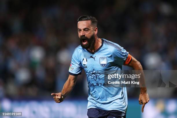 Alex Brosque of Sydney FC celebrates scoring a goal during the A-League Semi Final match between Sydney FC and the Melbourne Victory at Netstrata...