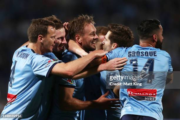 Siem De Jong of Sydney FC celebrates with team mates after scoring a goal during the A-League Semi Final match between Sydney FC and the Melbourne...