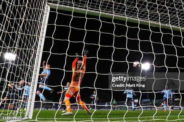 Victory goalkeeper Lawrence Thomas fails to stop a goal by Siem De Jong of Sydney FC during the A-League Semi Final match between Sydney FC and the...