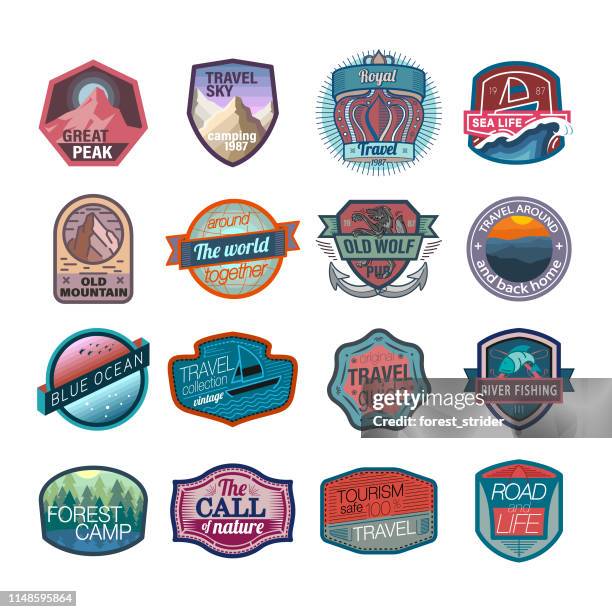 travel and camping icons and logo - vintage fishing logo stock illustrations
