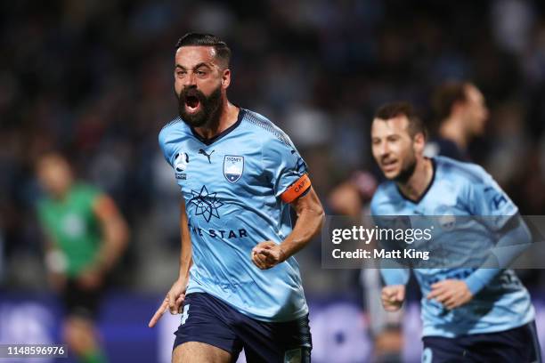 Alex Brosque of Sydney FC celebrates scoring a goal during the A-League Semi Final match between Sydney FC and the Melbourne Victory at Netstrata...