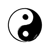 Vector hand drawn watercolor brush yin yang symbol of harmony. Balance black and white circle sign on white background. Ying yang buddism religion illustration
