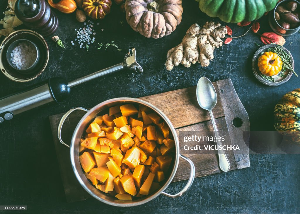Diced ​​Pumpkin in cooking pot, top view
