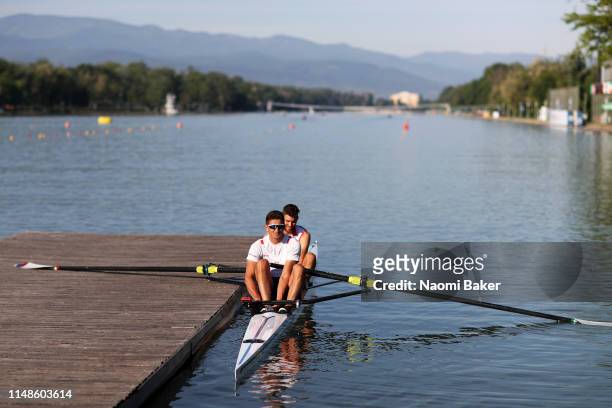 Martin Mackovic and Milos Vasic of Serbia train in the morning during Day Three of the World Rowing Cup 1 on May 12, 2019 in Plovdiv, Bulgaria.
