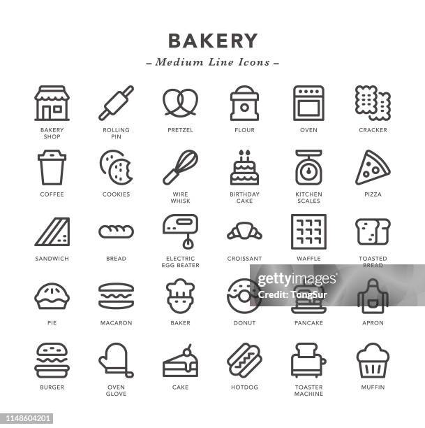 bäckerei-mittlerer linien-ikonen - flour stock-grafiken, -clipart, -cartoons und -symbole