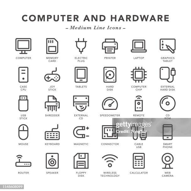 stockillustraties, clipart, cartoons en iconen met computer en hardware-middellijn iconen - tekentablet