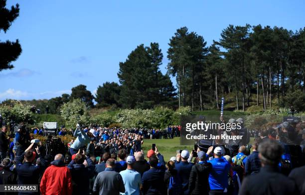 Tommy Fleetwood of England tees off the 4th during Day 4 of the Betfred British Masters at Hillside Golf Club on May 12, 2019 in Southport, United...