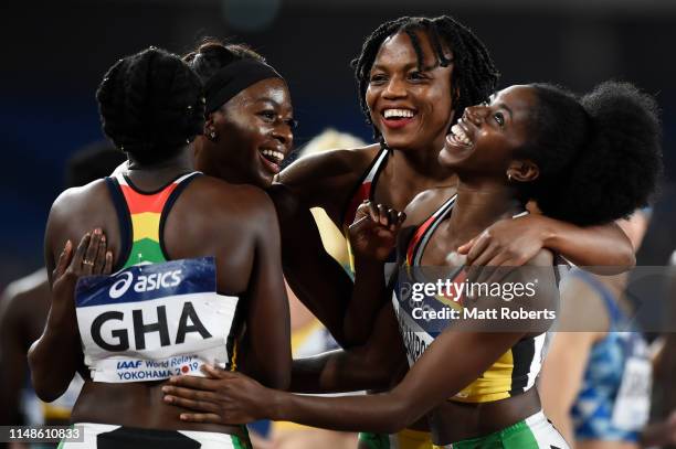 Flings Owusu-Agyapong, Gemma Acheampong, Persis William-Mensah of Ghana celebrate after the Women's 4x100m Relay Final on day two of the IAAF World...