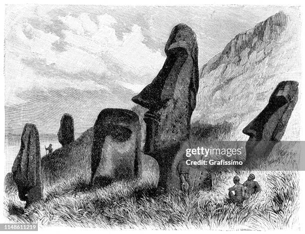 moai at quarry rano raraku on easter island chile illustration 1894 - rano raraku quarry stock illustrations