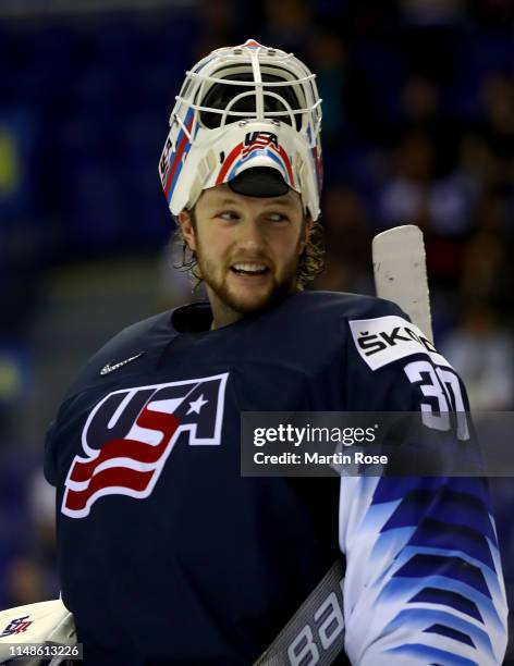 Thatcher Demko, goaltender of the United States tends net against France during the 2019 IIHF Ice Hockey World Championship Slovakia group A game...