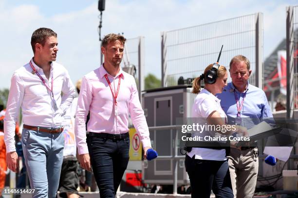 Jenson Button, Paul di Resta and Martin Brundle prepare before the F1 Grand Prix of Spain at Circuit de Barcelona-Catalunya on May 12, 2019 in...