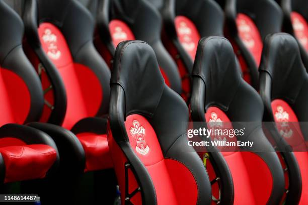 The seats of the home dugout before the Premier League match between Southampton FC and Huddersfield Town at St Mary's Stadium on May 12, 2019 in...