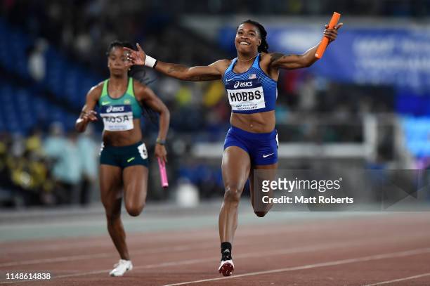 Aleia Hobbs of USA celebrates during the Women's 4x100m Relay Final on day two of the IAAF World Relays at Nissan Stadium on May 12, 2019 in...