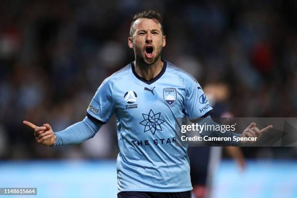 Adam Le Fondre of Sydney FC celebrates scoring a penalty goal during the A-League Semi Final match between Sydney FC and the Melbourne Victory at...