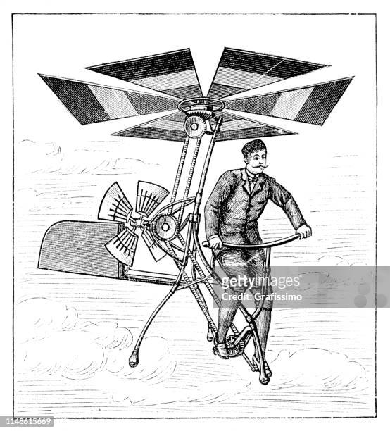 mann fliegt eine velocipede aus dem jahre delprad 1894 - exploratory spacecraft stock-grafiken, -clipart, -cartoons und -symbole