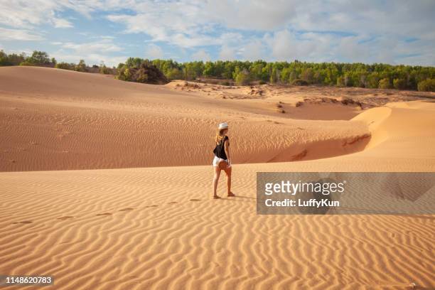 woman standing barefoot on the dune in the desert - hot vietnamese women stock pictures, royalty-free photos & images
