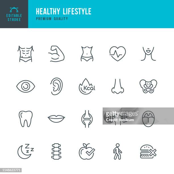 healthy lifestyle - set of line vector icons - muscular build stock illustrations