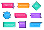 Texting boxes. Colored quote box speech bubble template text note brackets citation page empty frame stickers cartoon vector isolated