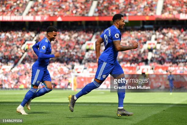 Nathaniel Mendez-Laing of Cardiff City celebrates after scoring his team's first goal during the Premier League match between Manchester United and...