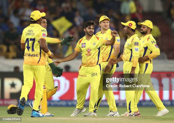 Shardul Thakur of the Chennai Super Kings celebrates taking the wicket of Quinton de Kock of the Mumbai Indians during the Indian Premier League...