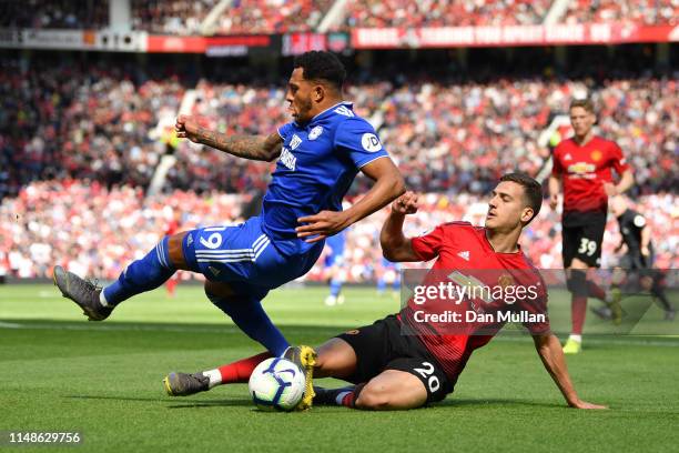 Diogo Dalot of Manchester United fouls Nathaniel Mendez-Laing of Cardiff City during the Premier League match between Manchester United and Cardiff...