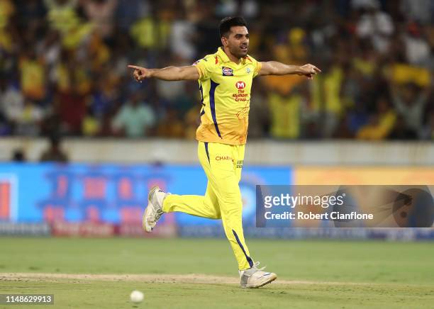 Deepak Chahar of the Chennai Super Kings celebrates taking the wicket of Rohit Sharma of the Mumbai Indians during the Indian Premier League Final...