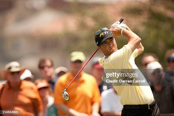 Ryan Palmer follows through on a tee shot during the second round of the HP Byron Nelson Championship at TPC Four Seasons at Las Colinas on May 27,...