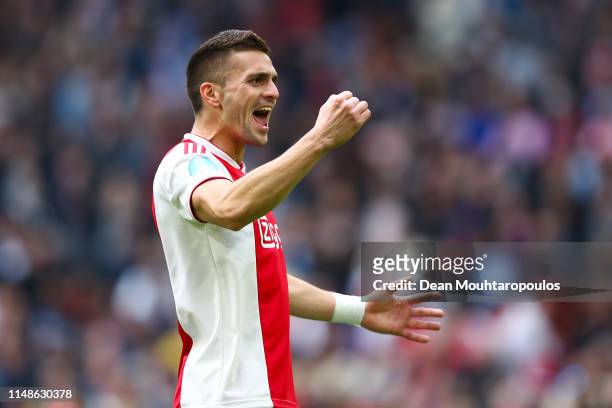Dusan Tadic of Ajax celebrates after scoring his team's third goal during the Eredivisie match between Ajax and Utrecht at Johan Cruyff Arena on May...