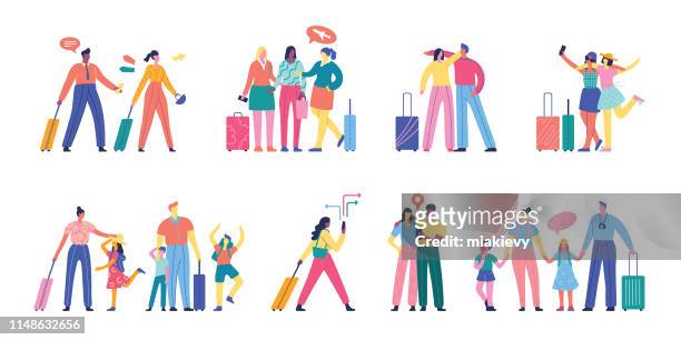 illustrazioni stock, clip art, cartoni animati e icone di tendenza di set di persone che viaggiano - vacanze