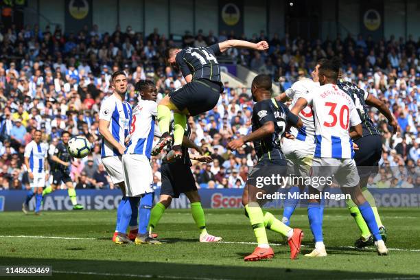 Aymeric Laporte of Manchester City scores his team's second goal during the Premier League match between Brighton & Hove Albion and Manchester City...