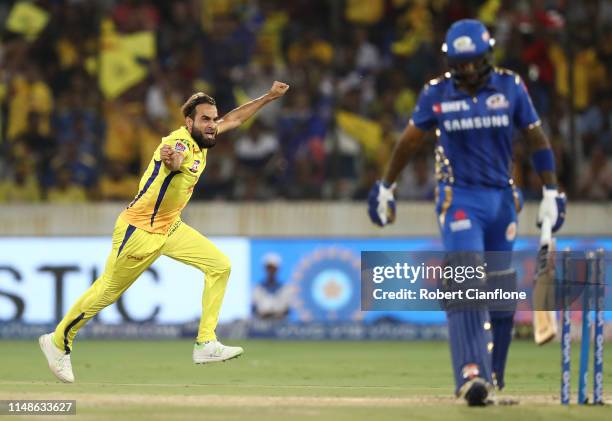 Imran Tahir of the Chennai Super Kings celebrates taking the wicket of Suryakumar Yadav of the Mumbai Indians during the Indian Premier League Final...