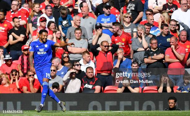 Nathaniel Mendez-Laing of Cardiff City celebrates after scoring his team's second goal during the Premier League match between Manchester United and...