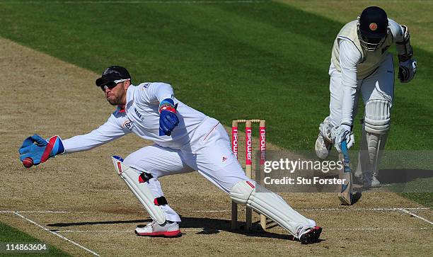 England wicketkeeper Matt Prior in actionduring day two of the 1st npower test match between England and Sri Lanka at the Swalec Stadium on May 27,...
