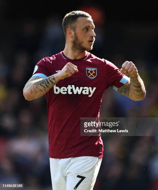 Marko Arnautovic of West Ham United celebrates scoring his goal during the Premier League match between Watford FC and West Ham United at Vicarage...
