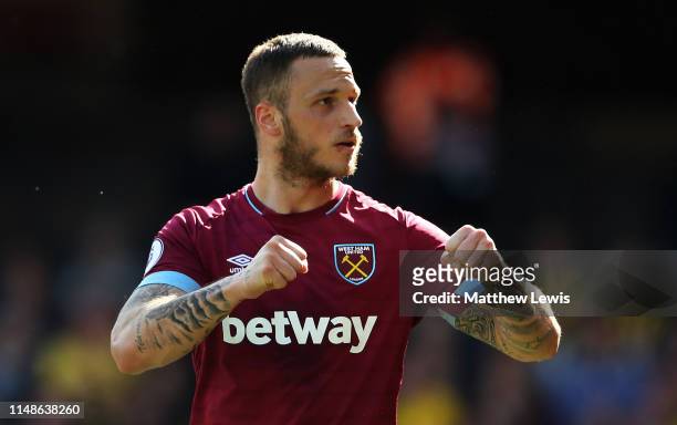 Marko Arnautovic of West Ham United celebrates scoring his goal during the Premier League match between Watford FC and West Ham United at Vicarage...